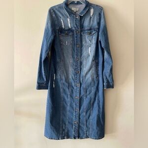 Love Tree Medium Wash Blue Button-up Midi Distressed Denim Jacket Dress